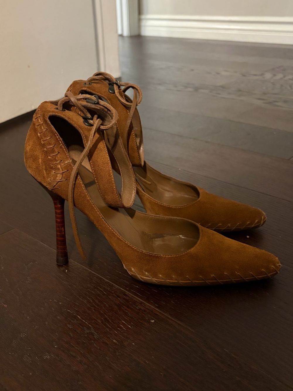 Gucci Brown Suede Pointed-Toe Lace-Up Stiletto Pumps